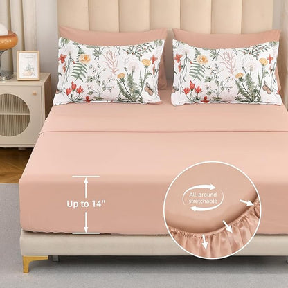 Yiran 7 Piece Floral Comforter Set King Size, Pink Green Summer Comforter Bedding Set, Botanical Bed in a Bag with Flowers Pattern, Soft Microfiber Complete Bedding Set with Sheets for All Season