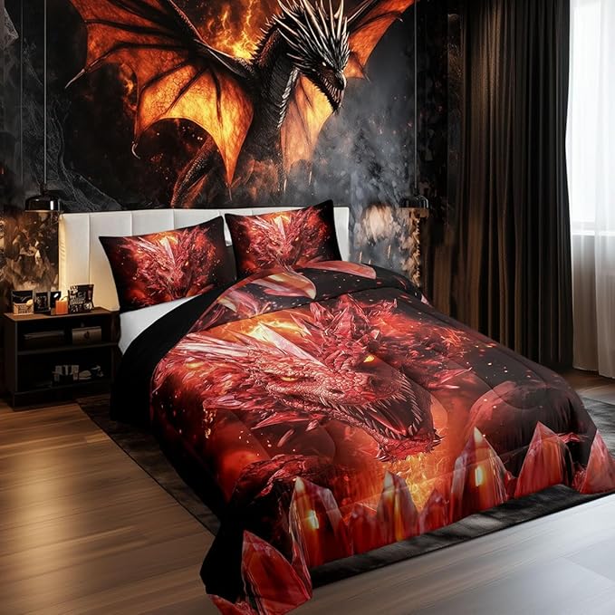 Castle Fairy Dragon 3 Pcs King Size Comforter Set,Western Fierce Animals Down Alternative Adults Bedroom Decor,Flames Dragon Ultra Soft Microfiber Inner Fill 3Pcs Bedding