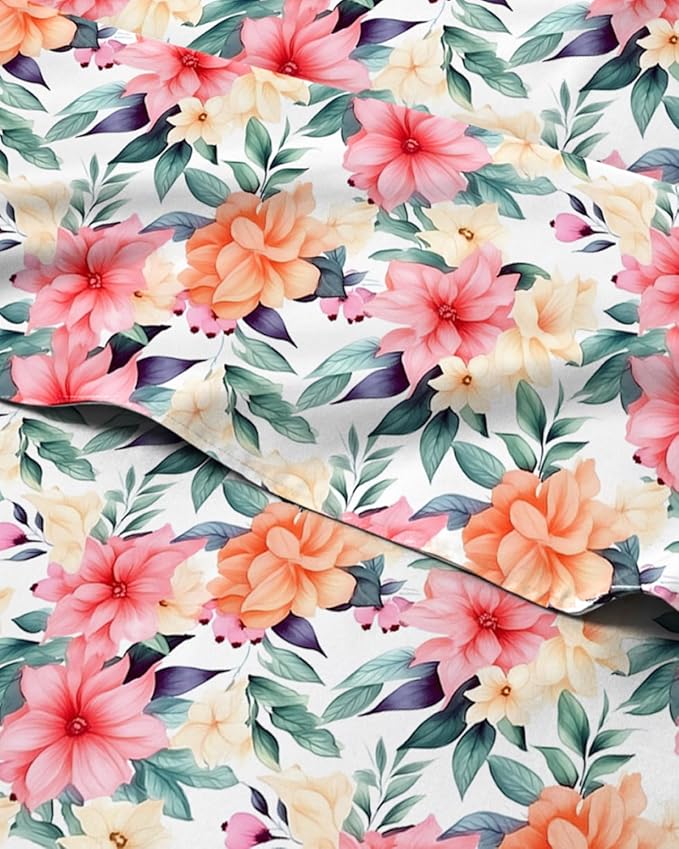 Floral Sheets - Flower Print Bed Sheet Set - 1 Flat, 1 Fitted & 1 Pillowcase w/ Deep Pockets - Comfy, Cozy, Wrinkle & Fade Free - Boho Botanical Bedding - Soft, Breathable & Cooling - Twin XL Size Set