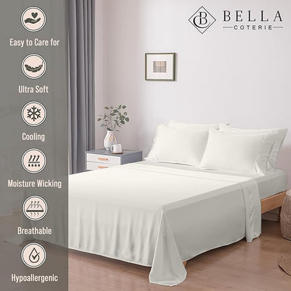 Bella Coterie 7 Piece Luxury Bamboo Viscose Split King Size Sheet Set | 2 Fitted Sheets for Adjustable Beds | 100% Organically Grown | Cooling for Hot Sleepers | 4 Pillowcases [Ivory]