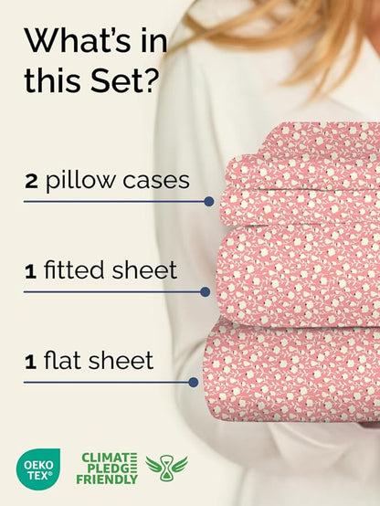 Floral Sheets - Pink & White Bed Sheet Set - 1 Flat, 1 Fitted & 2 Pillowcases w/ Deep Pockets - Comfy, Cozy, Wrinkle & Fade Free - Boho Botanical Bedding - Soft, Breathable & Cooling - King Size Set