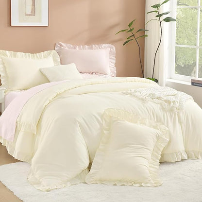 Litanika Cream King Size Comforter Set, 3 Pieces Ruffle Farmhouse Aesthetic Bedding Comforter Set, All Season Soft Lightweight Fluffy Microfiber Bed Set(104x90In Comforter, 2 Pillowcases)