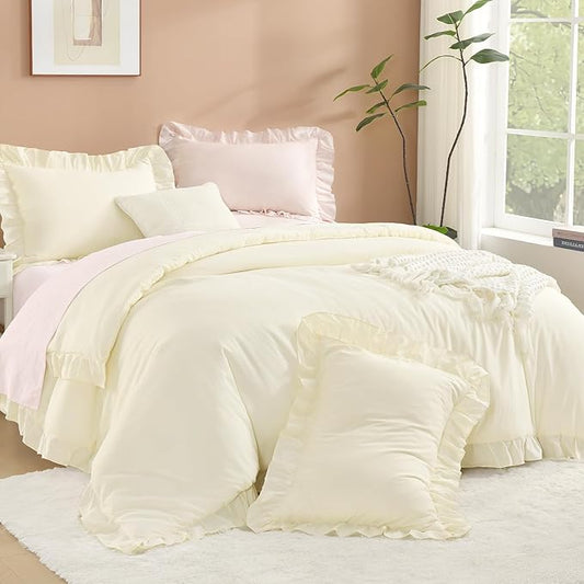 Litanika Cream King Size Comforter Set, 3 Pieces Ruffle Farmhouse Aesthetic Bedding Comforter Set, All Season Soft Lightweight Fluffy Microfiber Bed Set(104x90In Comforter, 2 Pillowcases)