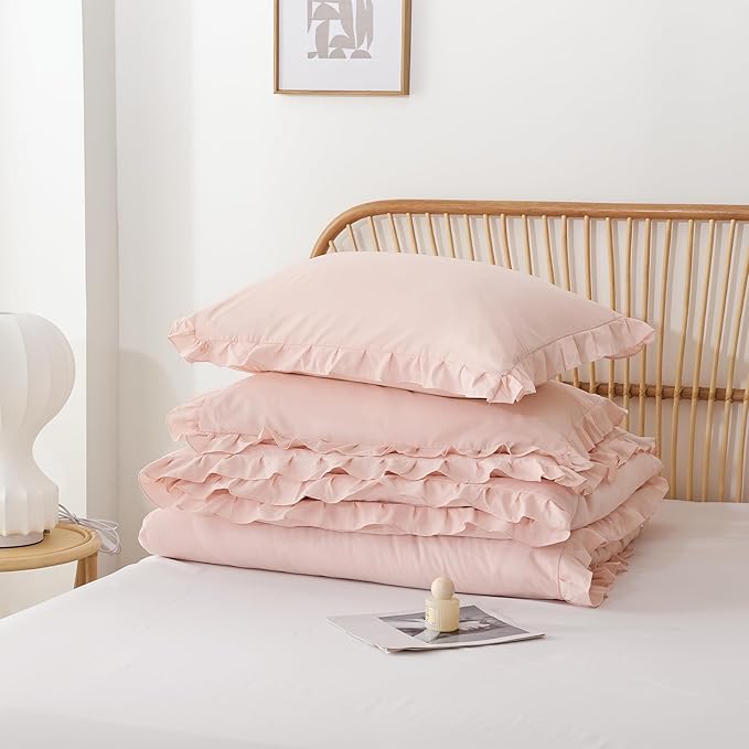 JANZAA Twin Comforter Set Pink Beding Set 2PCS (1 Ruffled Comforter Set and 1Pillow case) Fluffy Vintage Farmhouse Shabby Chic Bedding Soft All Season