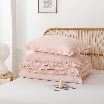 JANZAA Soft Fluffy Comforter Set 3PCS (1 Ruffled Blush Comforter Set and 2 Pillowcases) Vintage Shabby Chic Bedding, All Season, Blush Pink, Queen