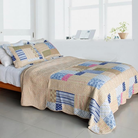 [Classic Plaids] Cotton 3PC Vermicelli-Quilted Printed Quilt Set (Full/Queen Size)