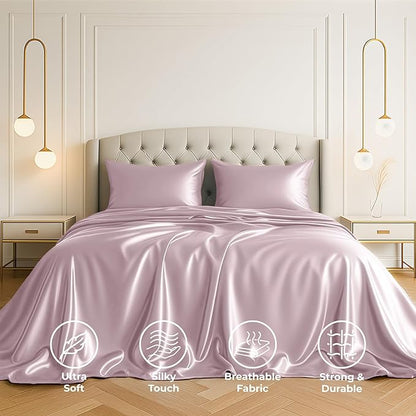 Satin Sheets California King [4-Piece, Champagne Pink] Hotel Luxury Silky Bed Sheets - Extra Soft Microfiber Sheet Set, Wrinkle Resistant - Deep Pocket Fitted Sheet, Flat Sheet, Pillow Cases