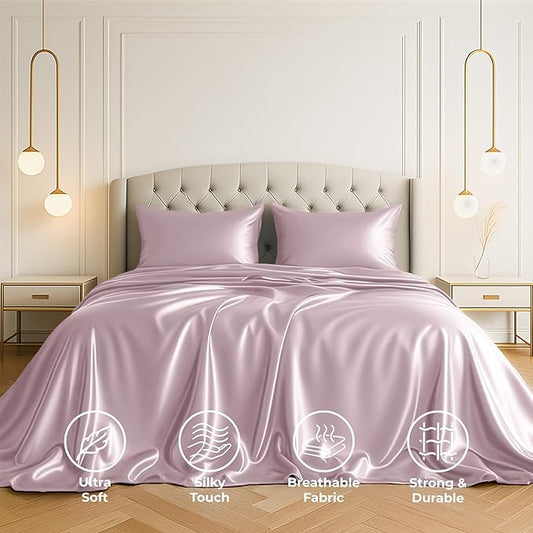 Satin Sheets California King [4-Piece, Champagne Pink] Hotel Luxury Silky Bed Sheets - Extra Soft Microfiber Sheet Set, Wrinkle Resistant - Deep Pocket Fitted Sheet, Flat Sheet, Pillow Cases