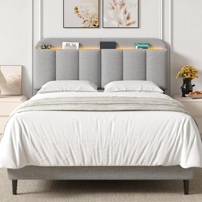 Queen Size Adjustable Headboard, Upholstered Headboard with Storage, APP Controlled LED Light, Padded Head Board Only, Sturdy Metal Foot Frame, Vertical Channel Design for Bedroom, Grey