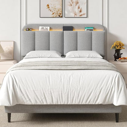 Queen Size Adjustable Headboard, Upholstered Headboard with Storage, APP Controlled LED Light, Padded Head Board Only, Sturdy Metal Foot Frame, Vertical Channel Design for Bedroom, Grey