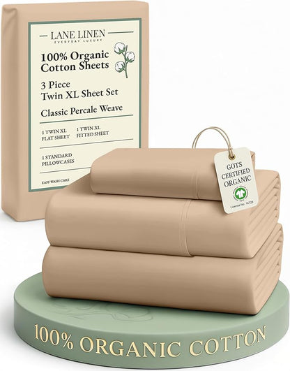 LANE LINEN 100% Organic Cotton Twin XL Sheets Set, Fully Elasticized Bed Sheets Set Twin XL Size Perfetct for Hospital beds, Deep Pocket Soft & Comfy Sheets Set Twin XL Size-Taupe