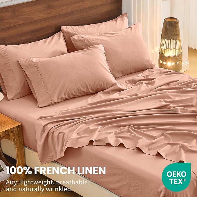 Bedlifes 100% French Flax Linen Sheets Set King Size - 6 Piece Extra Deep Pocket 18-24",Soft Breathable King Bed Sheets with Temperature Regulating & Moisture-Wicking(Blush Pink