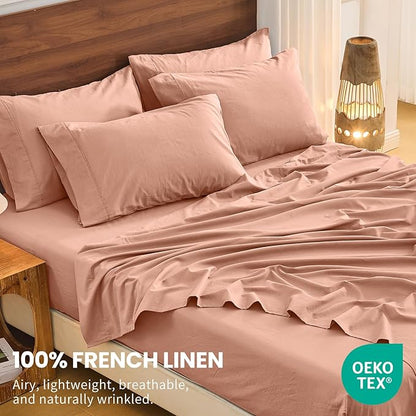 Bedlifes 100% French Flax Linen Sheets Set Queen Size - 6 Piece Extra Deep Pocket 18-24",Soft Breathable Queen Bed Sheets with Temperature Regulating & Moisture-Wicking(Blush Pink