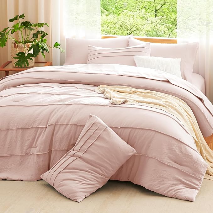 CozyLux King Size Comforter Set Pink, 7 Pieces Soft Pinch Pleat Bed in a Bag King Comforter Set with Sheets, Boho Bed Set with Down Alternative Comforter, Sheets, Pillowcases & Shams