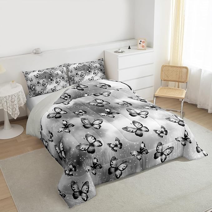 Erosebridal Butterfly Bedding Sets Queen - Dreamy Coquette Comforter Set for Kids Adults Watercolor Gradient Grey Butterfly Duvet Insert Galaxy Stars Print Quilt