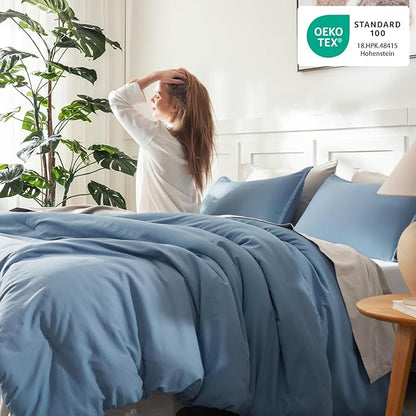 Litanika Full Size Comforter Sets Grayish Blue, 3 Pieces Lightweight Solid Bedding Comforter Set, All Season Fluffy Bed Set (79x90In Comforter & 2 Pillowcases)