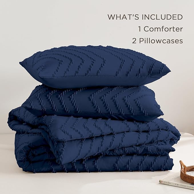 Andency Navy Blue Comforter Set Queen Size, Boho Soft Warm Tufted Bedding Comforter Sets for Queen Size Bed, 3 Pieces Aesthetic Chevron Farmhouse Cute Bohemian Textured Bed Set