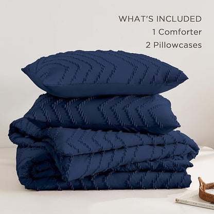 Andency Navy Blue Comforter Set Queen Size, Boho Soft Warm Tufted Bedding Comforter Sets for Queen Size Bed, 3 Pieces Aesthetic Chevron Farmhouse Cute Bohemian Textured Bed Set