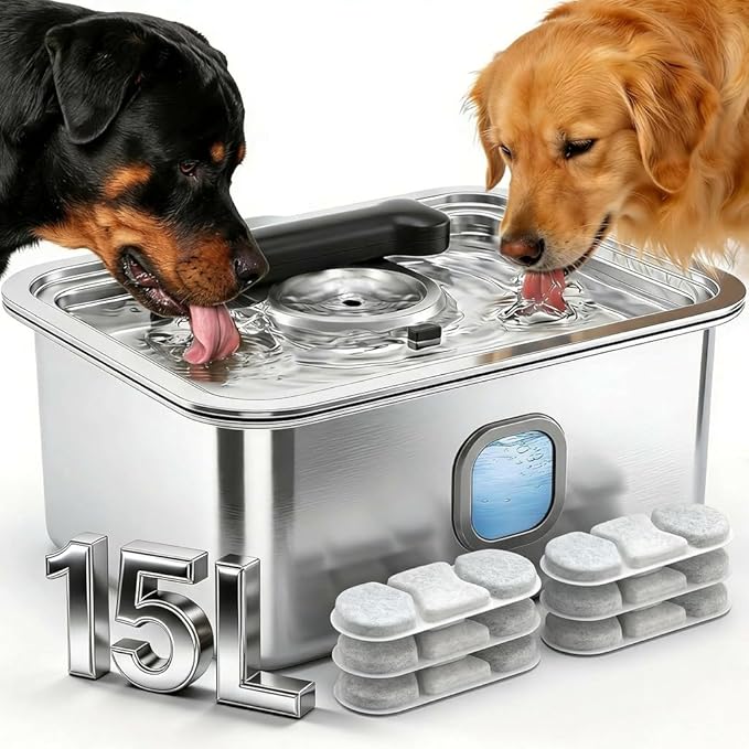 15L Dog Water Fountain Stainless Steel Automatic Dispenser with Filter | 4 Gal Large Capacity, Fresh Filtered Water, Easy Refill Design, Ideal for Large Dogs Indoor