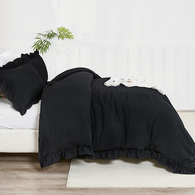 Litanika Black Queen Comforter Set, 3 Pieces Ruffle Farmhouse Aesthetic Bedding Comforter Set, All Season Soft Lightweight Fluffy Microfiber Bed Set(90x90In Comforter, 2 Pillowcases)