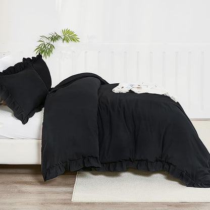 Litanika Black Queen Comforter Set, 3 Pieces Ruffle Farmhouse Aesthetic Bedding Comforter Set, All Season Soft Lightweight Fluffy Microfiber Bed Set(90x90In Comforter, 2 Pillowcases)