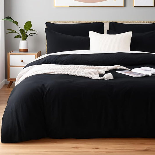 NEXHOME PRO Twin Duvet Cover Set – 100% Certified Organic Cotton with Washed Feel & Linen-Like Texture, Comfortable & Breathable, Home Bedding Set Black (No Comforter)