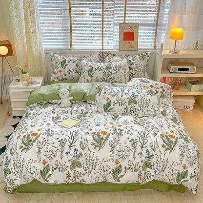 CLOTHKNOW Green White Floral Queen Comforter Set Farmhouse Bedding Comforter Sets Botanical Comforter with 2 x Pillow Cases