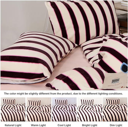 Bedbay Striped King Comforter Set Velvety Fleece Comforter Set Modern Style Striped Beding with 2 Pillowcases Lightweight 3 Pcs Boho Bedding Quilt Farmhouse Fluffy Bed Set for All Seasons
