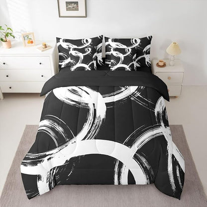 Erosebridal White and Black 7 Pcs Comforter Set Full Abstract Line Minimalist Ink Painting Bedding Set for Kids Boys Girls Simple Graffiti Art Modern Geometric Sheet Set Boho Cool Unique Mens Quilt