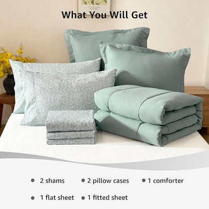 Monbix Queen Comforter Set - 7 Pieces Sage Green Bed in a Bag Queen Track Stitching Bedding Sets, All Seasons Comforter Bed Set with Sheets, Pillowcases & Shams