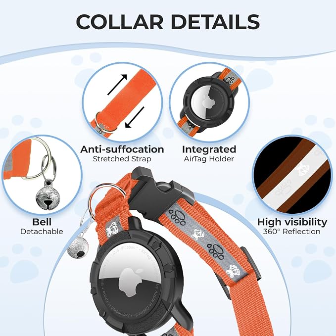 Breakaway AirTag Cat Collar, Reflective Cat Tracker Collar with Bell | Built in AirTag Holder, Adjustable 8.5-12in for Cats, Kittens and Puppies, Safety Elastic Band, Reflective for Night Walking