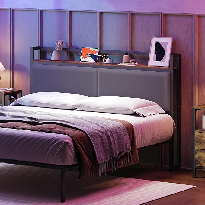 Queen Size Headboard Only with Storage Shelves, Upholstered Headboard with Charging Station, Height Adjustable, Sturdy and Stable, Vintage Style, Rustic Brown, Gray and Black