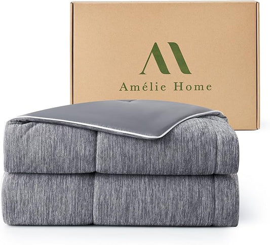 Amélie Home Cooling Comforter Full Size, Dual-Sided Lightweight Cooling Blanket for Hot Sleepers, Q-Max 0.43 Breathable Cooling Quilt for Night Sweats, 80"x 90", Heather Charcoal Grey