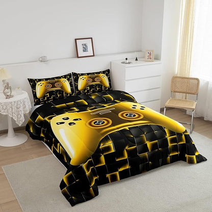 Erosebridal Kids Gamer Bedding Sets for Boys Queen Gaming Comforter Set Black Gold Geometric Game Console Grids Comforter for Teen Youth Men Video Game Bed Set Soft Lightweight for All Season