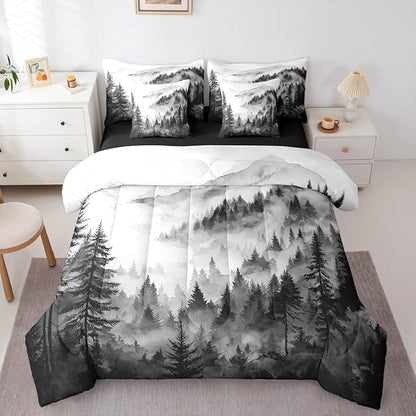 Erosebridal Black Gray Misty Forest Full Comforter Set with Sheets 7 Piece Grey White Foggy Mountain Bed in A Bag Rustic Woodland Pine Trees Bedding Sets for Kids Adults,Watercolor Nature Bed Set