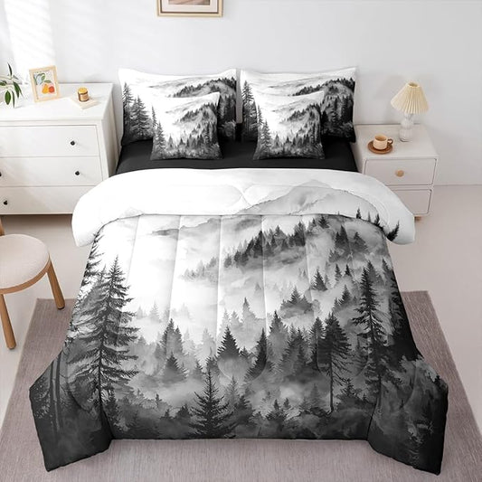 Erosebridal Black Gray Misty Forest King Comforter Set with Sheets 7 Piece Grey White Foggy Mountain Bed in A Bag Rustic Woodland Pine Trees Bedding Sets for Kids Adults,Watercolor Nature Bed Set