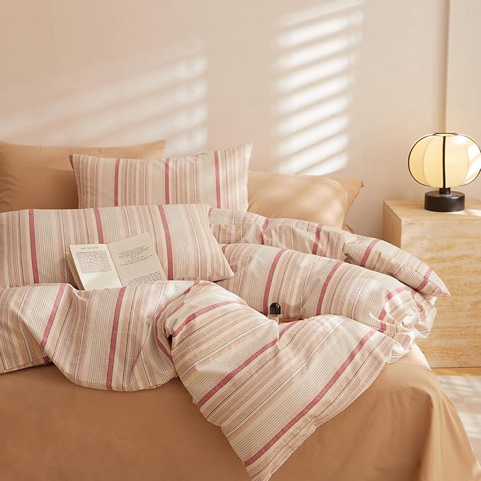 HighBuy Queen Comforter Set Blush Brown Striped Bedding Set 3 Piece,Vintage Stripes Pattern Printed Comforter Fluffy with 2 Pillowcases,Breathable Soft All Season Boho Chic Comforter Sets