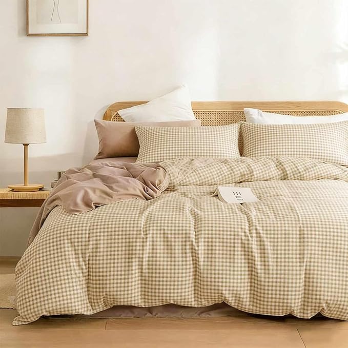 ETDIFFE King Size Brown Comforter Set, 3 Piece Tan Gingham Grid Bed Set - Soft and Lightweight Buffalo Checkered Plaid Microfiber Down Alternative Comforter (90x104)