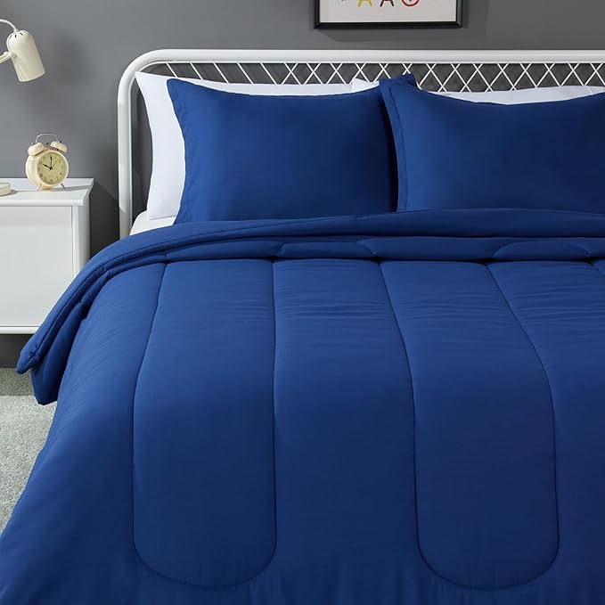 Amazon Basics 3-Piece Soft Microfiber Kid's Comforter and Pillow Sham Set, Full/Queen, Navy, Solid