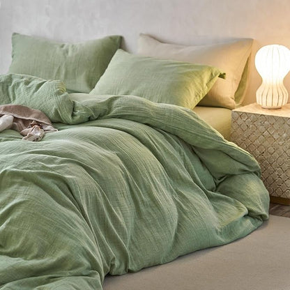 VM VOUGEMARKET Green Duvet Cover Queen Size-Ultra-Soft, Breathable & Lightweight Muslin Cotton Linen Like Gauze Textured Comforter Cover with Zipper Closure Minimalist Bedding Set- 90"x90",Mint Green