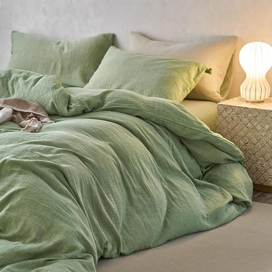VM VOUGEMARKET Green Duvet Cover Queen Size-Ultra-Soft, Breathable & Lightweight Muslin Cotton Linen Like Gauze Textured Comforter Cover with Zipper Closure Minimalist Bedding Set- 90"x90",Mint Green