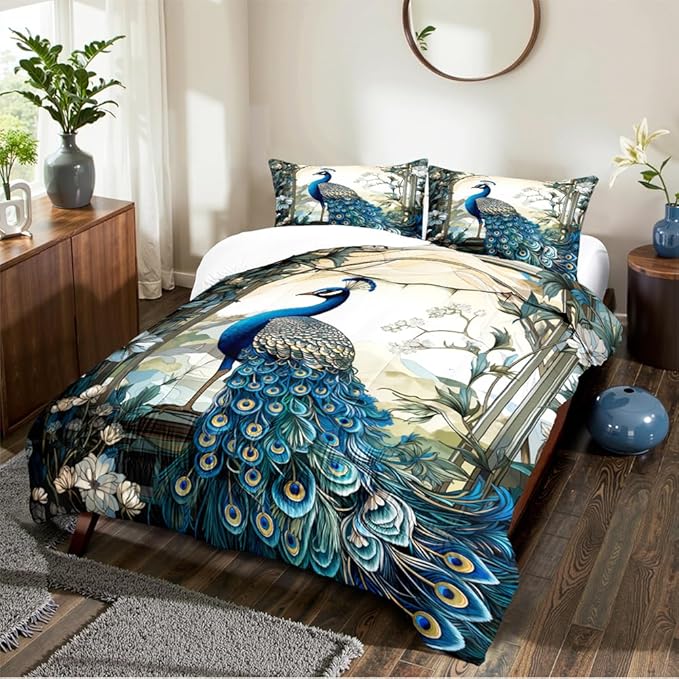 Blue Peacock Comforter Set King Size Bird and Floral Bedding Set Animal Feather Bedding Sets Victorian Style Flower Birds Comforters Soft Down Alternative Comforter Sets for All Season