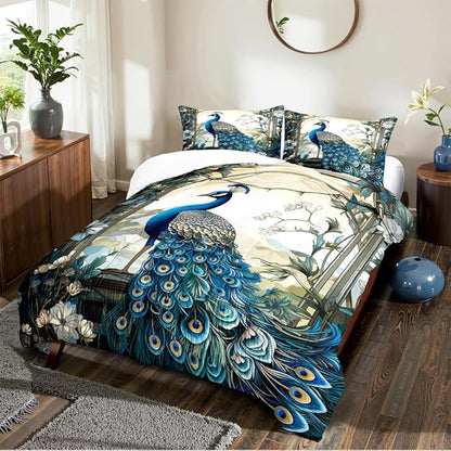 Blue Peacock Comforter Set Queen Size Bird and Floral Bedding Set Animal Feather Bedding Sets Victorian Style Flower Birds Comforters Soft Down Alternative Comforter Sets for All Season