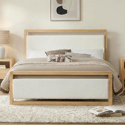 KISLOT Wood Bed Frame, with USB Headboard & Footboard, Cream, Queen | Mattress Foundation, Strong Wooden Slat Support, Noise-Free, No Box Spring Needed, Easy Assembly