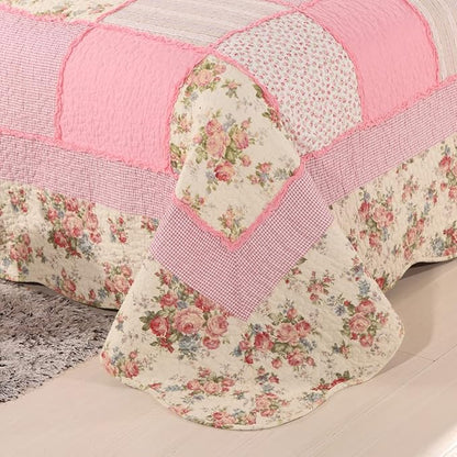 vctops 3 Piece Patchwork Floral Quilted Bedspread Quilt Set 100% Cotton Boho Ruffles Reversible Coverlet Set 1 Quilt and 2 Pillow Shams (Pink,Queen)
