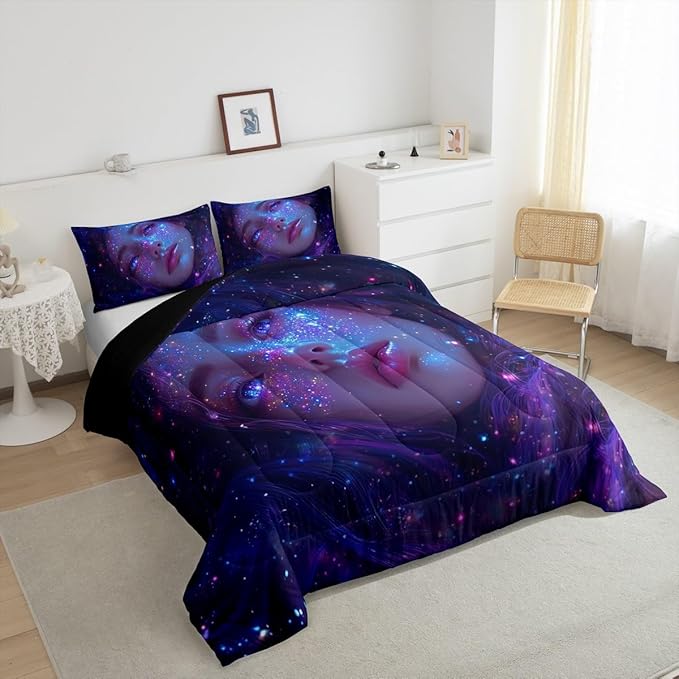 Erosebridal Japanese Bedding Sets for Girls Modern Art Fashion Girl Painting Comforter Set, Galaxy Stars Print Duvet Insert Glitter Zodiac Constellation Bed Set Anime Gifts King 3Pcs
