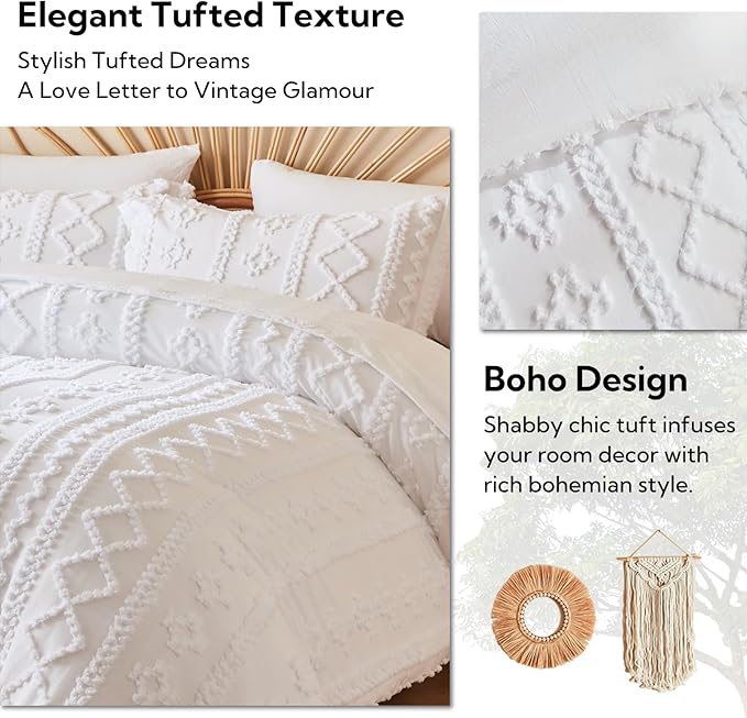 MR&HM California King Comforter Set White, 7 Pieces Tufted Boho Beddding Sets, Farmhouse Style Bed in a Bag with 1 Comforter, 2 Pillow Shams, 2 Pillowcases, 1 Flat Sheet, 1 Fitted Sheet