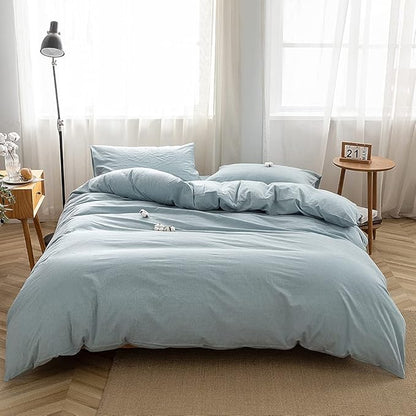 FACE TWO FACE Bedding Duvet Cover Set 3 Pieces 100% Washed Cotton Duvet Cover Linen Like Textured Breathable Durable Soft Comfy (King, Light Blue)