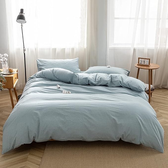 FACE TWO FACE Bedding Duvet Cover Set100% Washed Cotton Duvet Cover Linen Like Textured Breathable Durable Soft Comfy(Full, Light Blue)