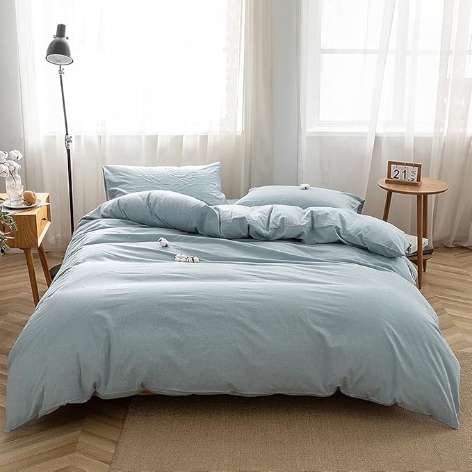 FACE TWO FACE Bedding Duvet Cover Set100% Washed Cotton Duvet Cover Linen Like Textured Breathable Durable Soft Comfy (California King, Light Blue)